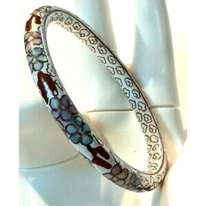 Vintage Rounded Cloisonné Enamel Bangle Bracelet White Floral 2.5” Dia